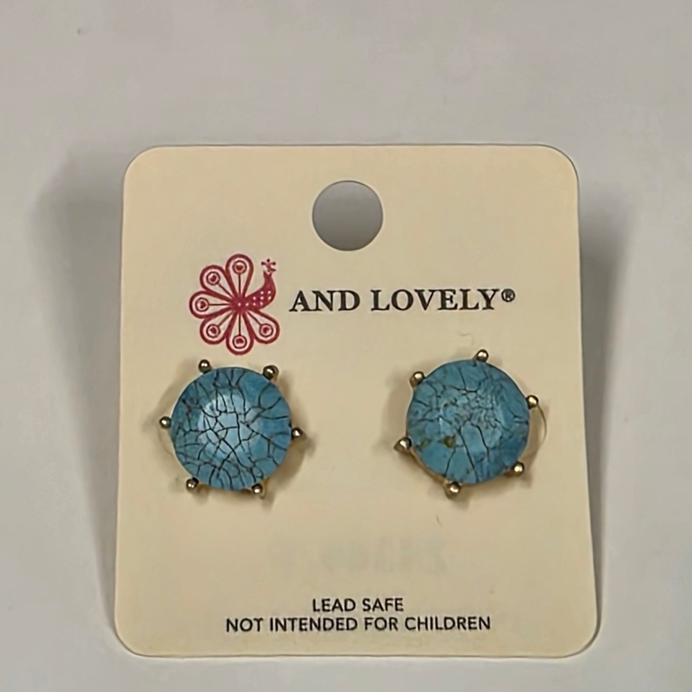 And Lovely Faux Turquoise Stud Earrings Blue Gold Tone Round 24365/P NEW
